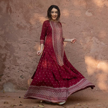 Maroon Polka Printed Kurta with Maroon Skirt D2022