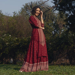 Maroon Polka Printed Kurta with Maroon Skirt D2022