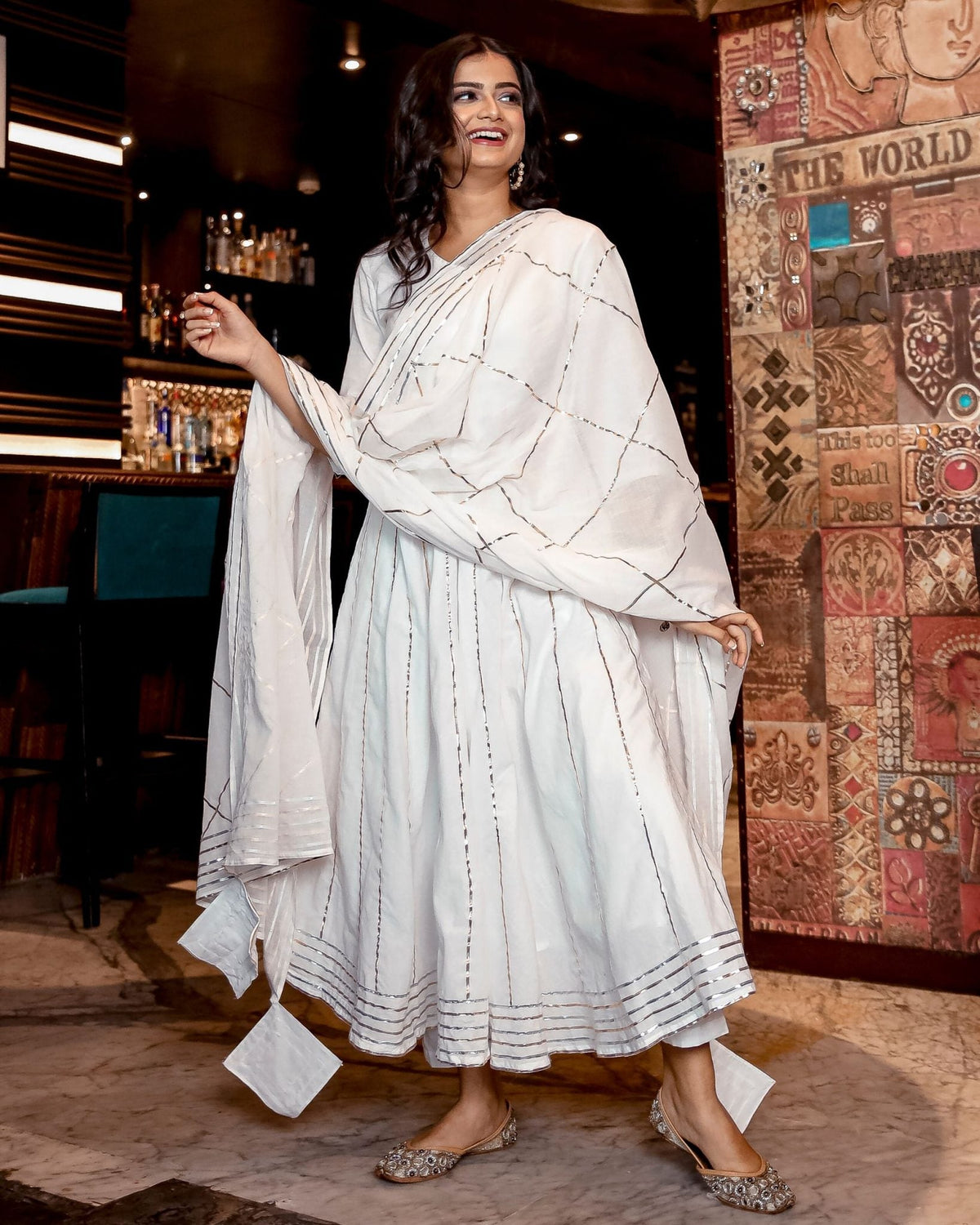 White Gota Anarkali Kurta And Pants With Dupatta- Set Of Three