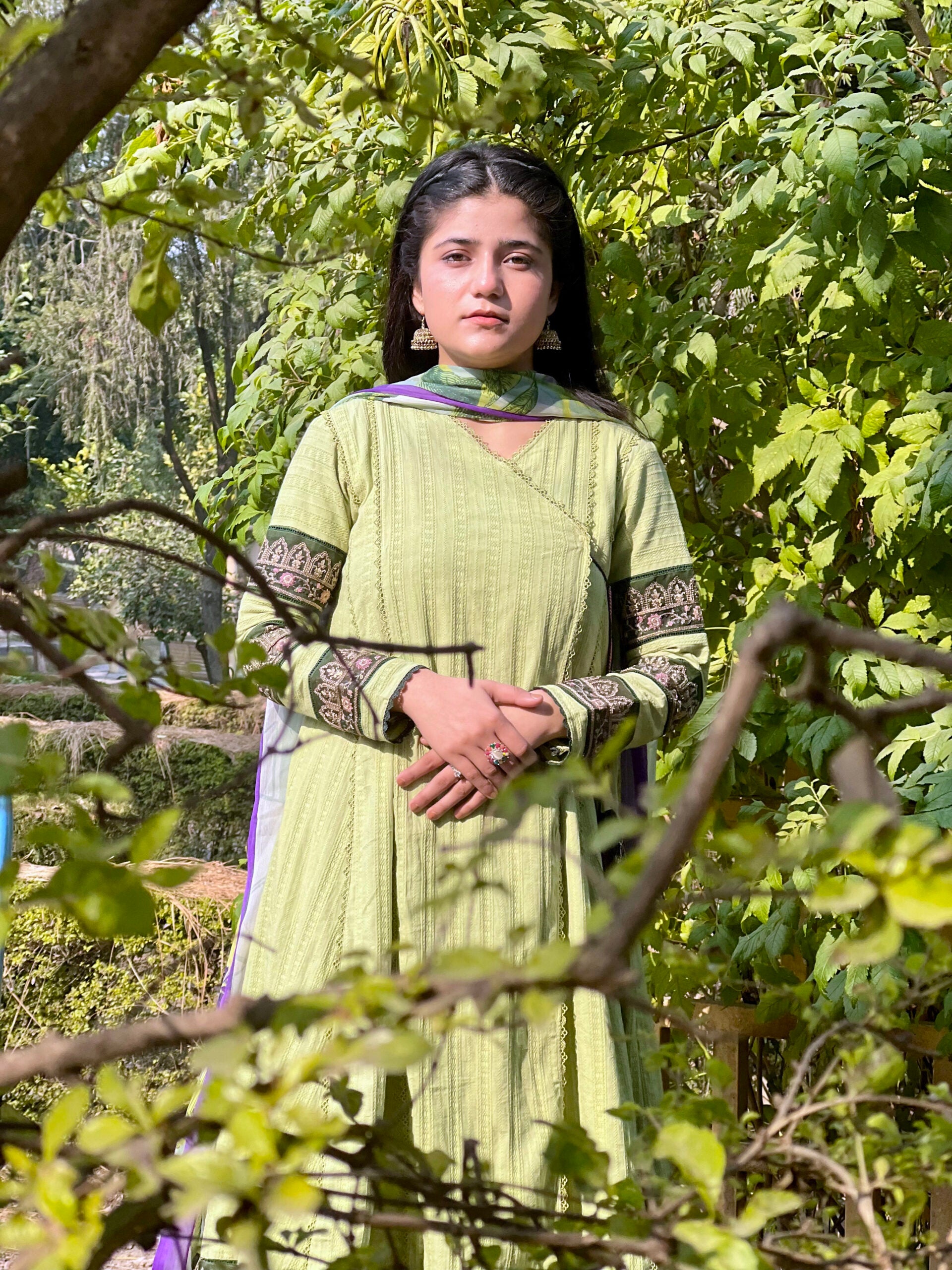 3 piece | Light Green Chicken Kari Angrakha Frock | Pret