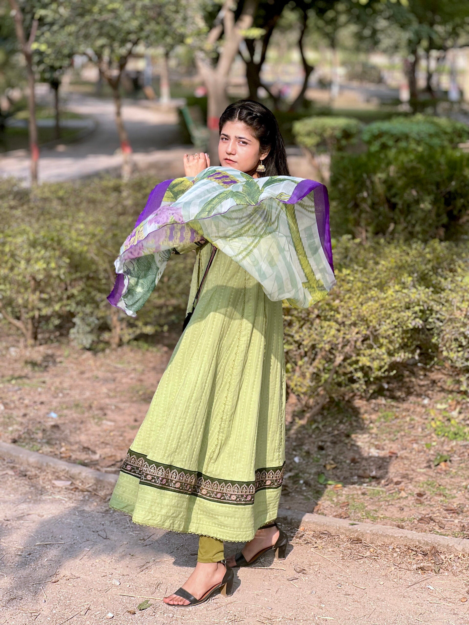 3 piece | Light Green Chicken Kari Angrakha Frock | Pret