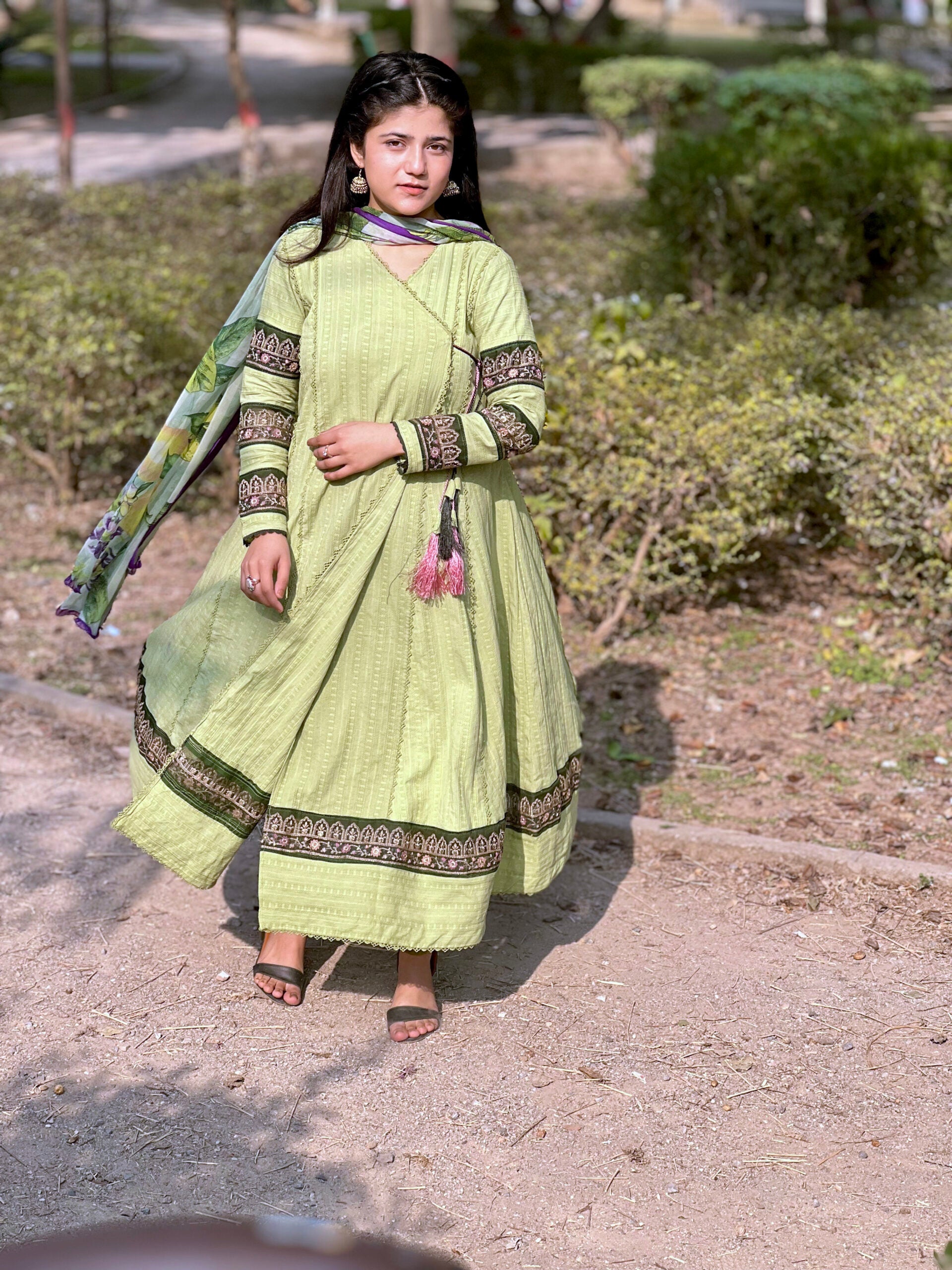 3 piece | Light Green Chicken Kari Angrakha Frock | Pret