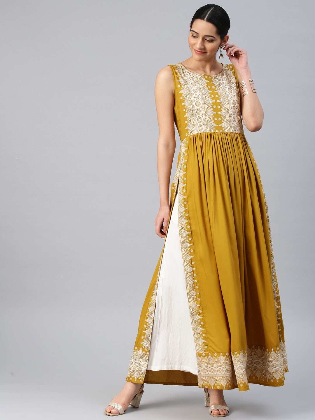 Mustard yellow printed long kurta, Sleeves separate attatch