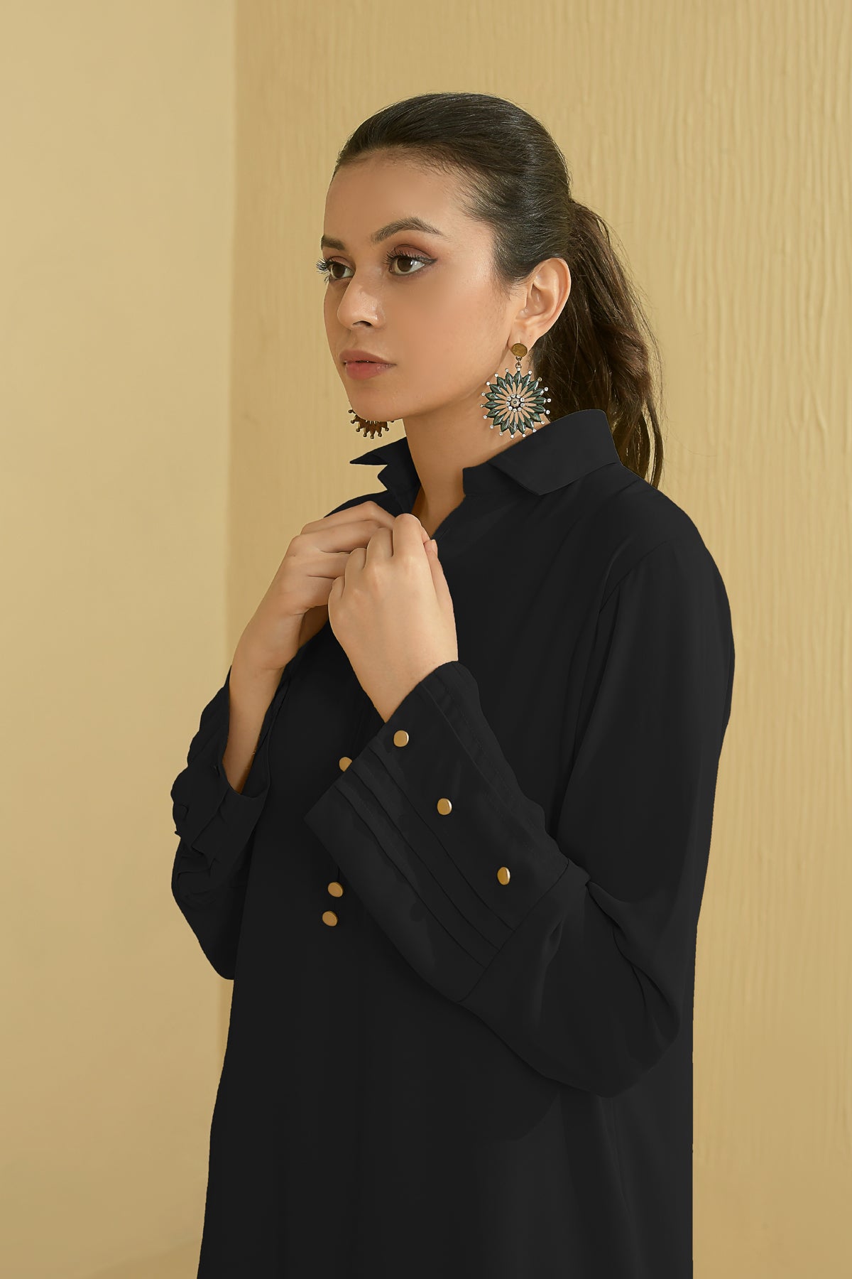 Black Crepe Premium Collar Dress-CC - Peach Republic