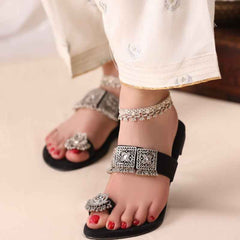 Side view of Rang-e-Gul Black Kolhapuri chappal showing traditional design and fit