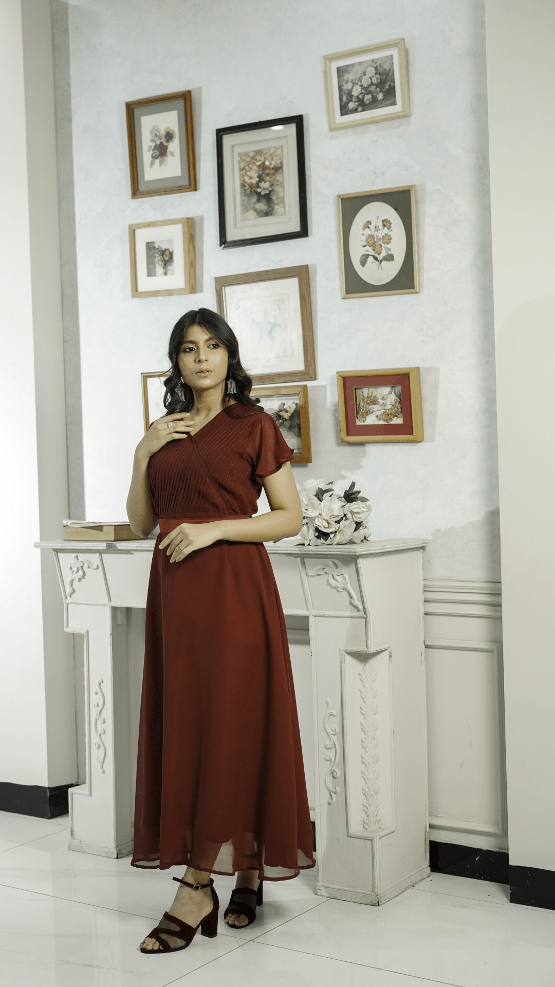 Maroon Pleated Midi Dress