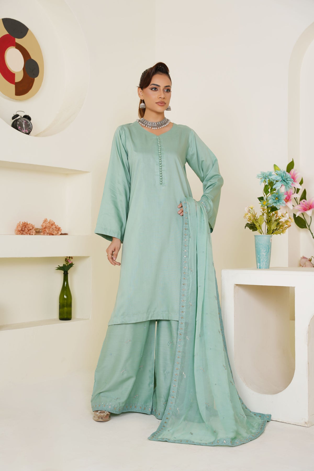 Pastel Sea Green Solid 3-Piece Ready-to-Wear Suit with Embroidered Dupatta & Trouser