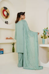 Pastel Sea Green Solid 3-Piece Ready-to-Wear Suit with Embroidered Dupatta & Trouser