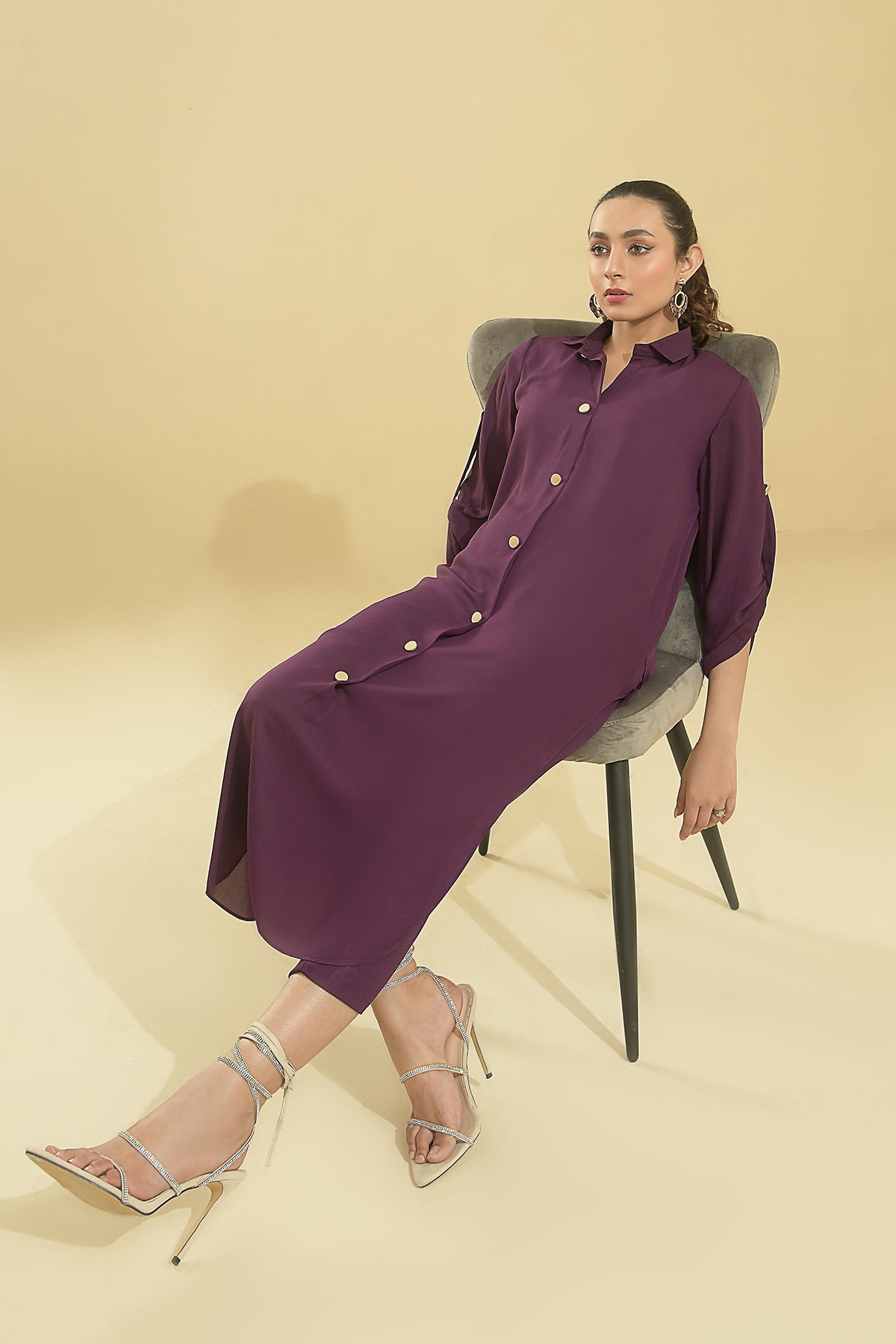 Elegant Purple Buttoned Dress - Peach Republic