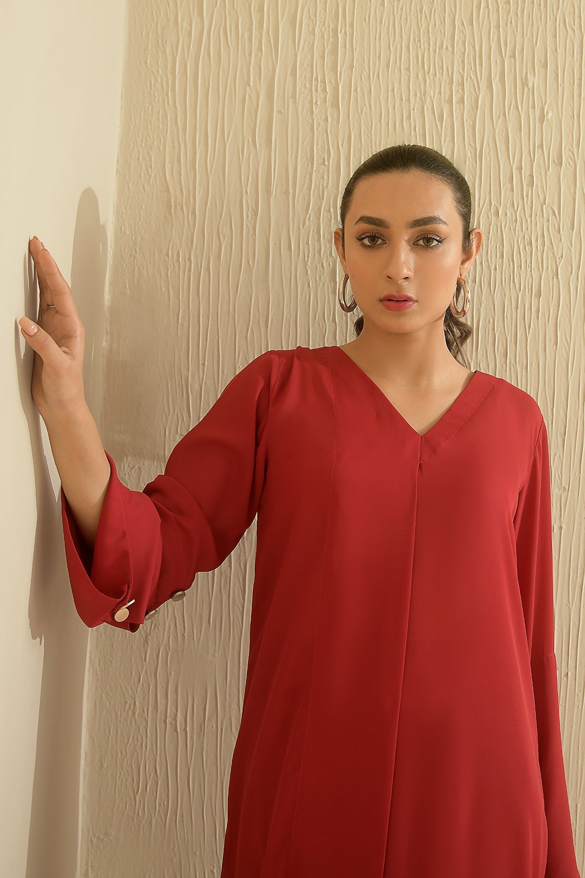 Elegant Red V Neck Dress Peach Republic