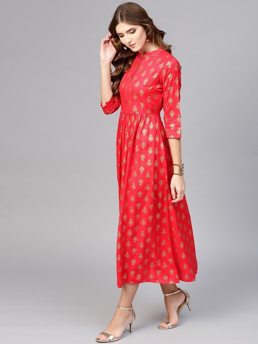 Women Red & Golden Block Print Fit & Flare Dress