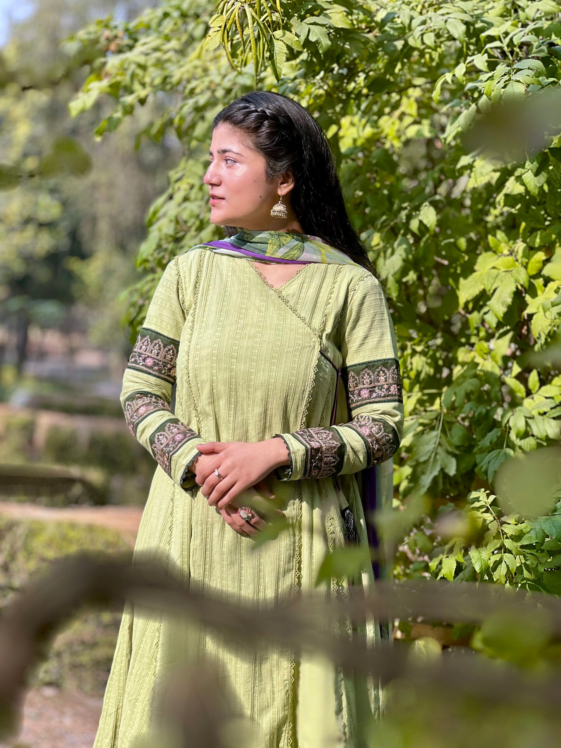 3 piece | Light Green Chicken Kari Angrakha Frock | Pret