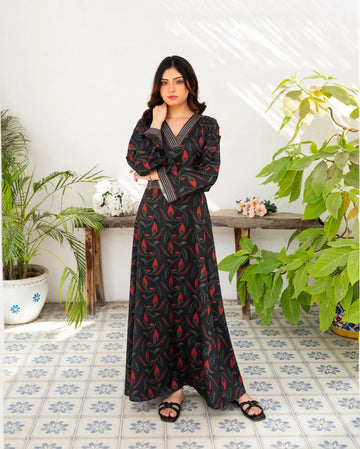 Charcoal Black Printed Long Dress