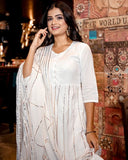 White Gota Anarkali Kurta And Pants With Dupatta- Set Of Three