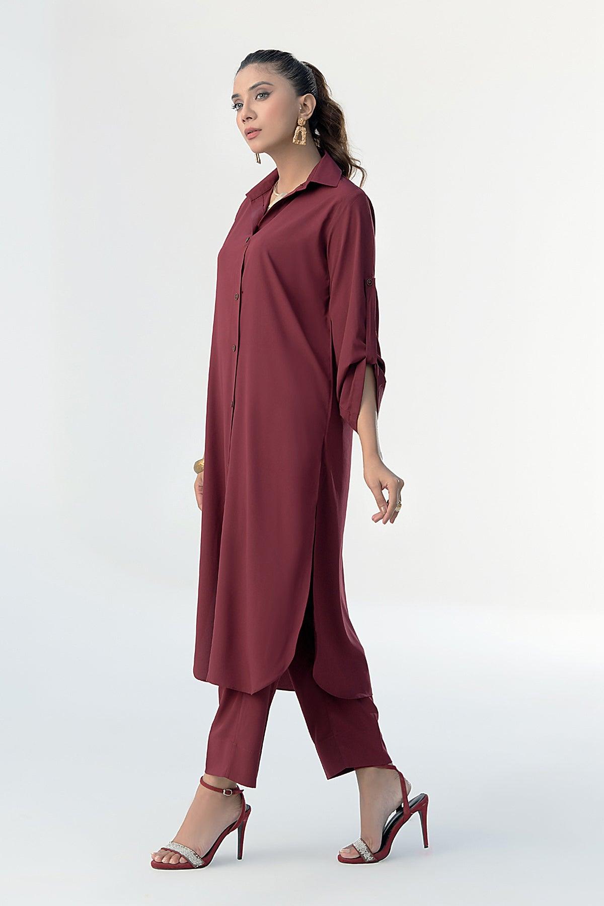 Maroon Button Down Grip Dress - Peach Republic