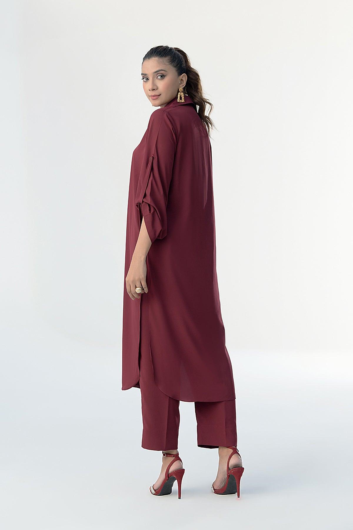 Maroon Button Down Grip Dress - Peach Republic