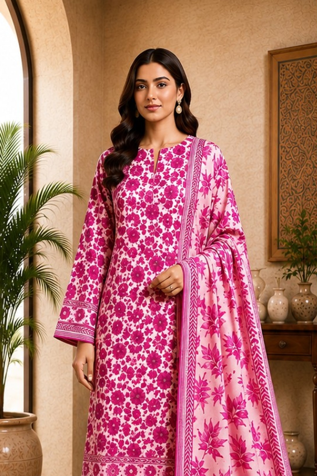 Motifz Rang Linen RL01 Fuchsia Pink digital printed linen 3 piece – model wearing the suit