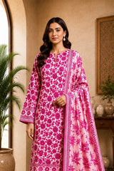 Motifz Rang Linen RL01 Fuchsia Pink digital printed linen 3 piece – model wearing the suit