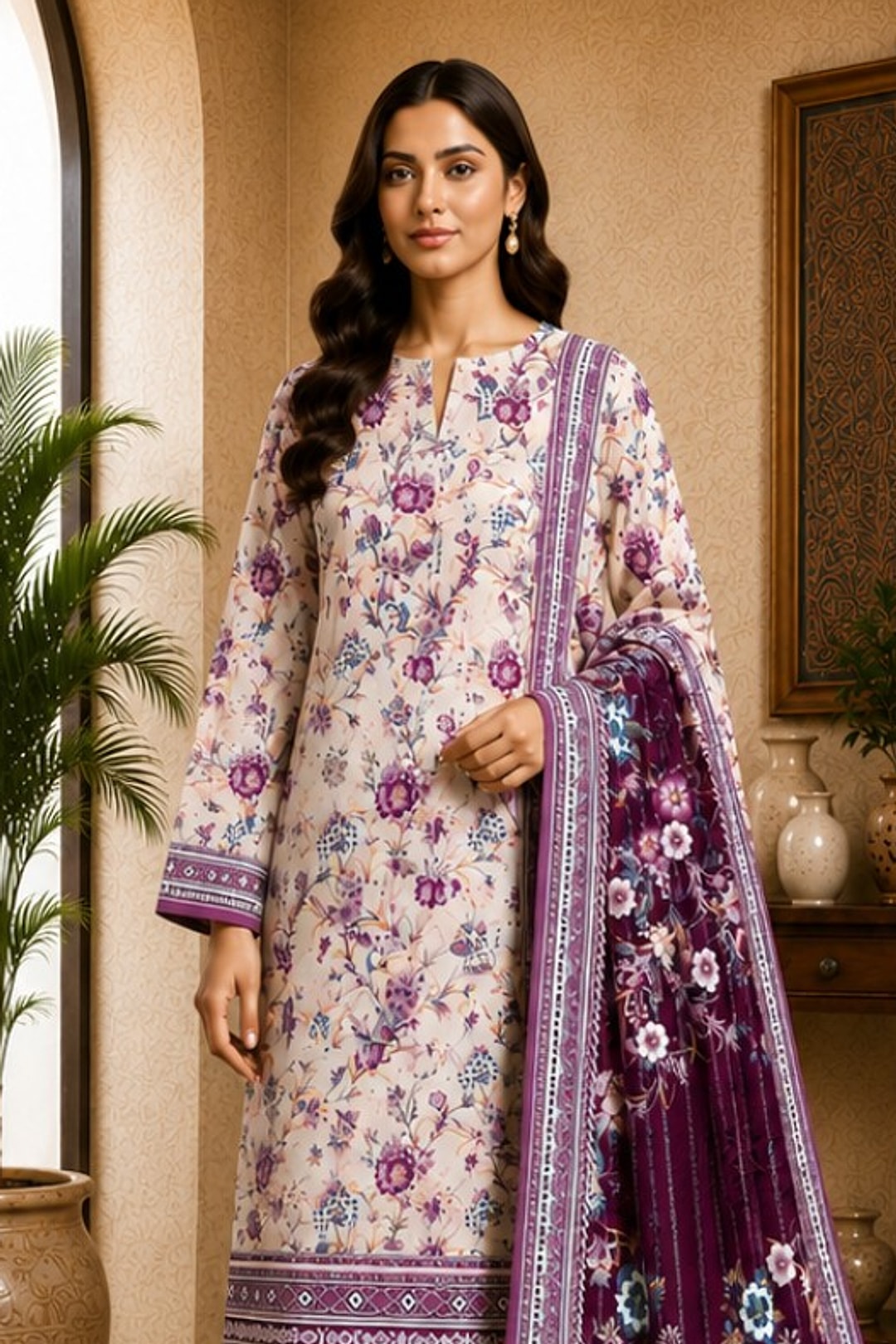 Motifz Rang Linen RL02 Ivory & Plum digital printed linen 3 piece – model wearing the suit
