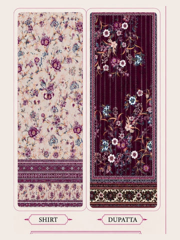 Motifz Rang Linen RL02 Ivory & Plum digital printed linen 3 piece – shirt and dupatta print