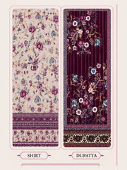 Motifz Rang Linen RL02 Ivory & Plum digital printed linen 3 piece – shirt and dupatta print