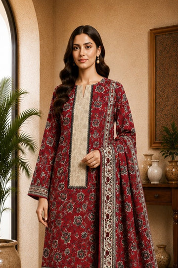 Motifz Rang Linen RL03 Maroon digital printed linen 3 piece – model wearing the suit