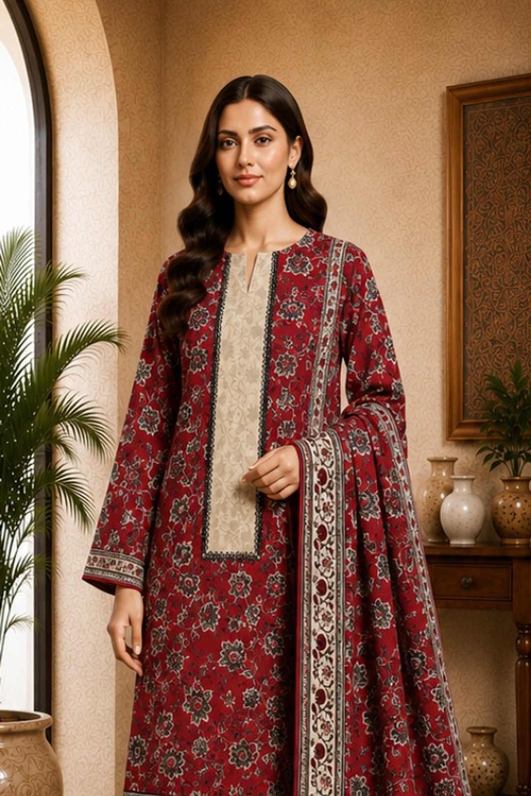 Motifz Rang Linen RL03 Maroon digital printed linen 3 piece – model wearing the suit