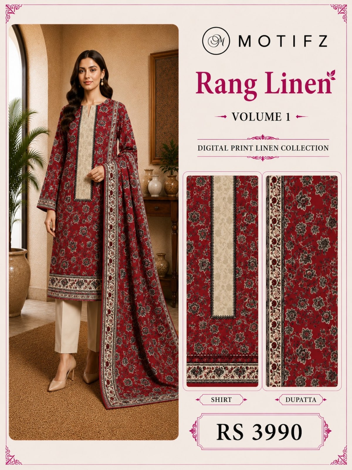 Motifz Rang Linen RL03 Maroon digital printed linen 3 piece – catalogue view