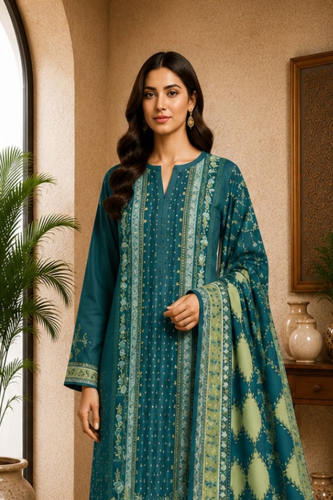 Motifz Rang Linen RL04 Teal digital printed linen 3 piece – model wearing the suit