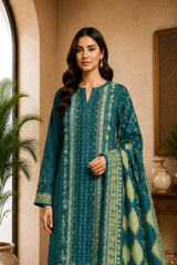 Motifz Rang Linen RL04 Teal digital printed linen 3 piece – model wearing the suit