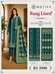 Motifz Rang Linen RL04 Teal digital printed linen 3 piece – catalogue view