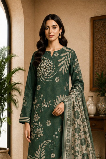 Motifz Rang Linen RL05 Bottle Green digital printed linen 3 piece – model wearing the suit