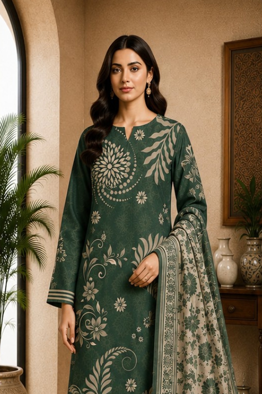 Motifz Rang Linen RL05 Bottle Green digital printed linen 3 piece – model wearing the suit