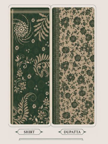 Motifz Rang Linen RL05 Bottle Green digital printed linen 3 piece – shirt and dupatta print