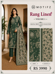 Motifz Rang Linen RL05 Bottle Green digital printed linen 3 piece – catalogue view