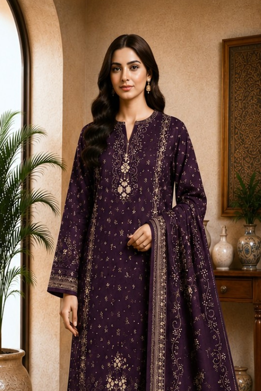 Motifz Rang Linen RL06 Aubergine digital printed linen 3 piece – model wearing the suit