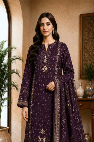 Motifz Rang Linen RL06 Aubergine digital printed linen 3 piece – model wearing the suit