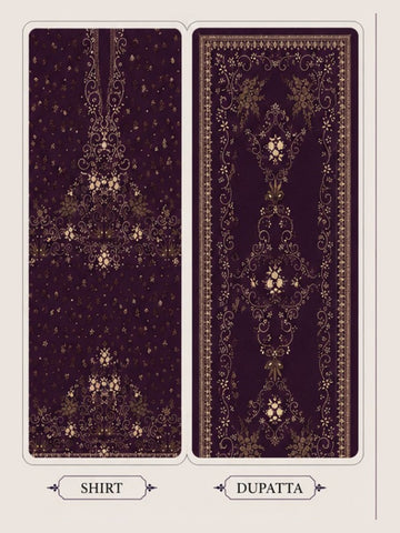 Motifz Rang Linen RL06 Aubergine digital printed linen 3 piece – shirt and dupatta print