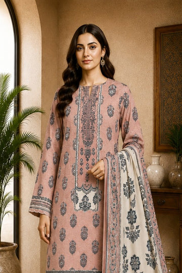 Motifz Rang Linen RL07 Tea Pink digital printed linen 3 piece – model wearing the suit
