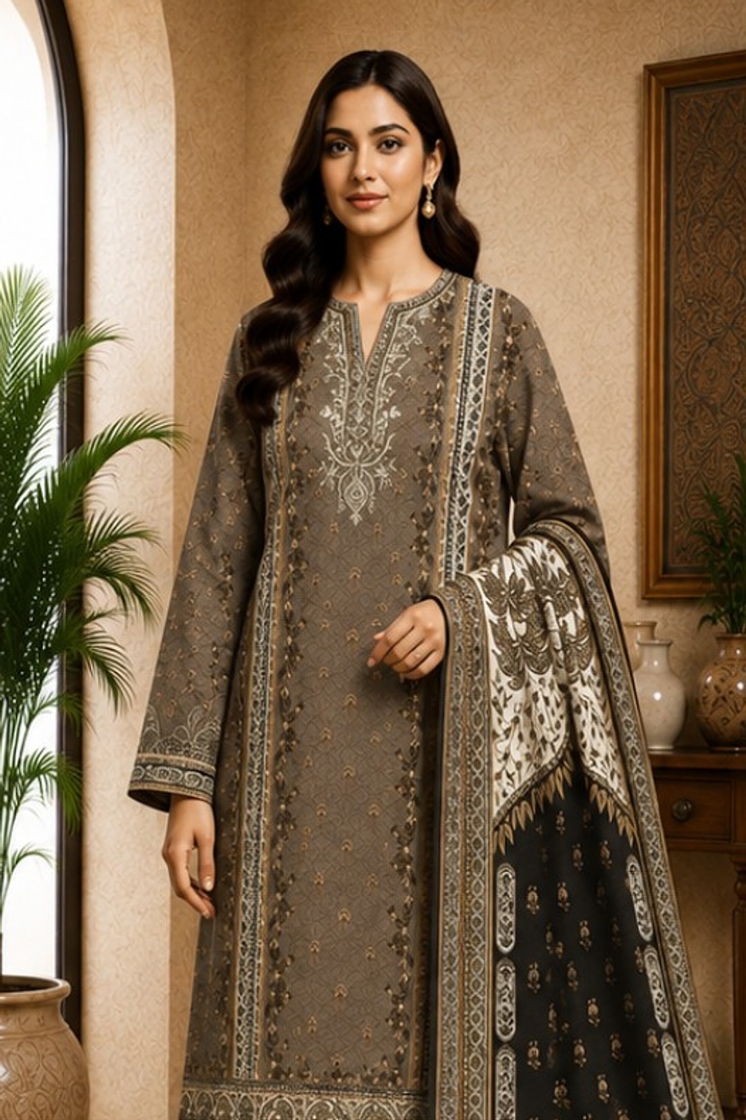 Motifz Rang Linen RL08 Taupe digital printed linen 3 piece – model wearing the suit