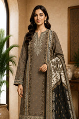 Motifz Rang Linen RL08 Taupe digital printed linen 3 piece – model wearing the suit