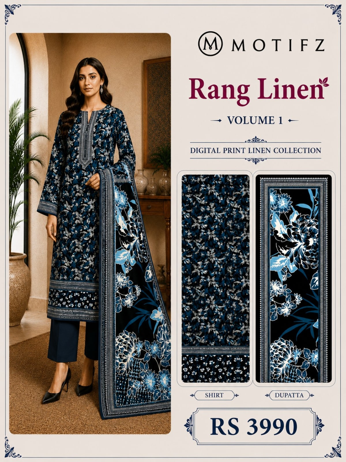 Motifz Rang Linen RL09 Navy & Sky Blue digital printed linen 3 piece – catalogue view