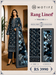 Motifz Rang Linen RL09 Navy & Sky Blue digital printed linen 3 piece – catalogue view