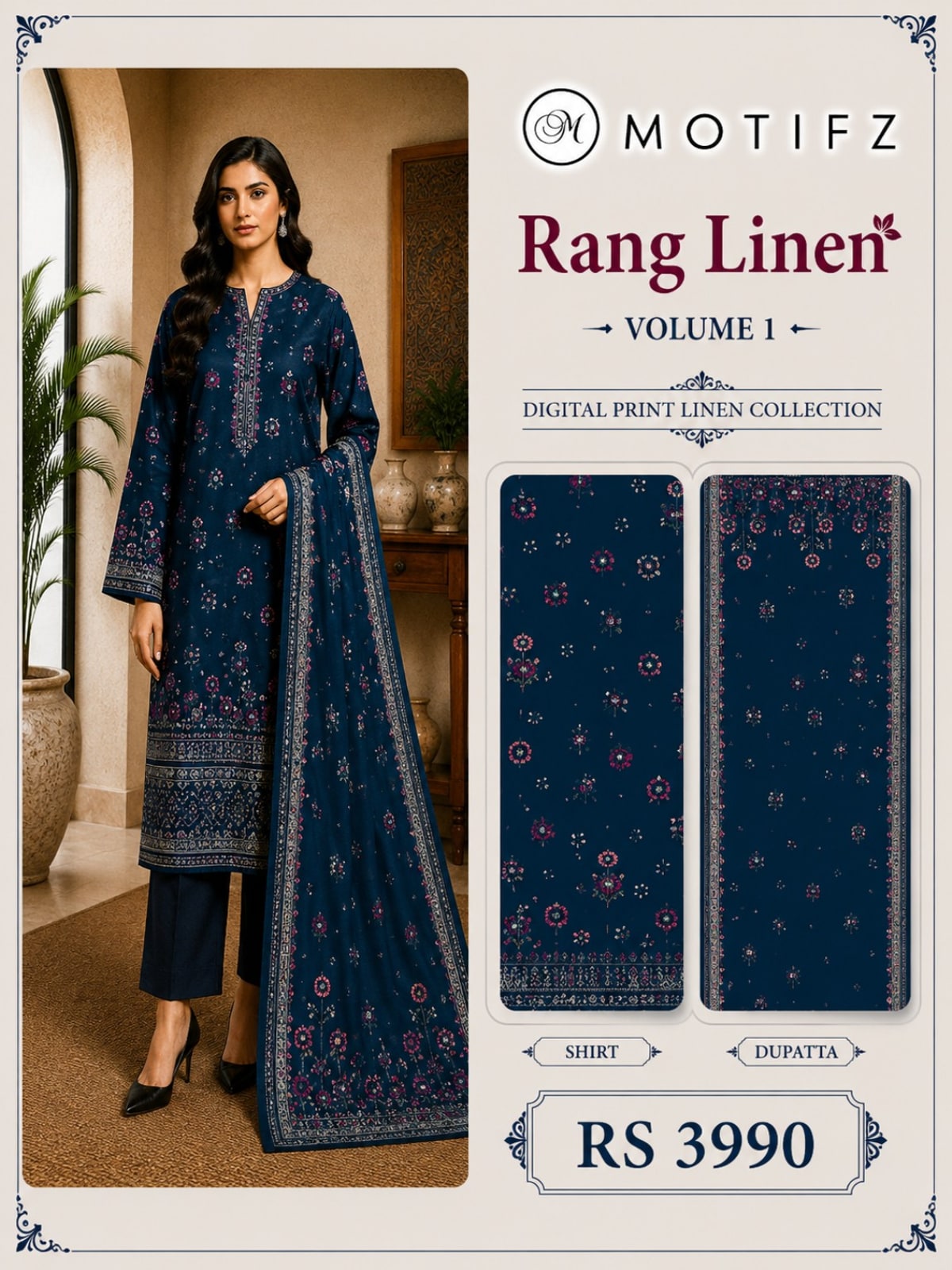 Motifz Rang Linen RL10 Midnight Navy digital printed linen 3 piece – catalogue view