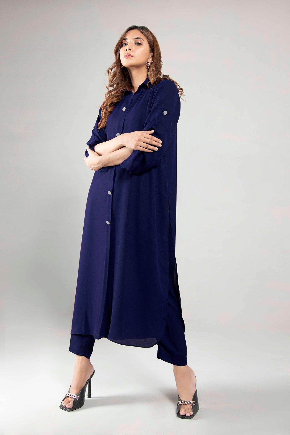 Navy Blue Buttoned Grip Dress - Peach Republic