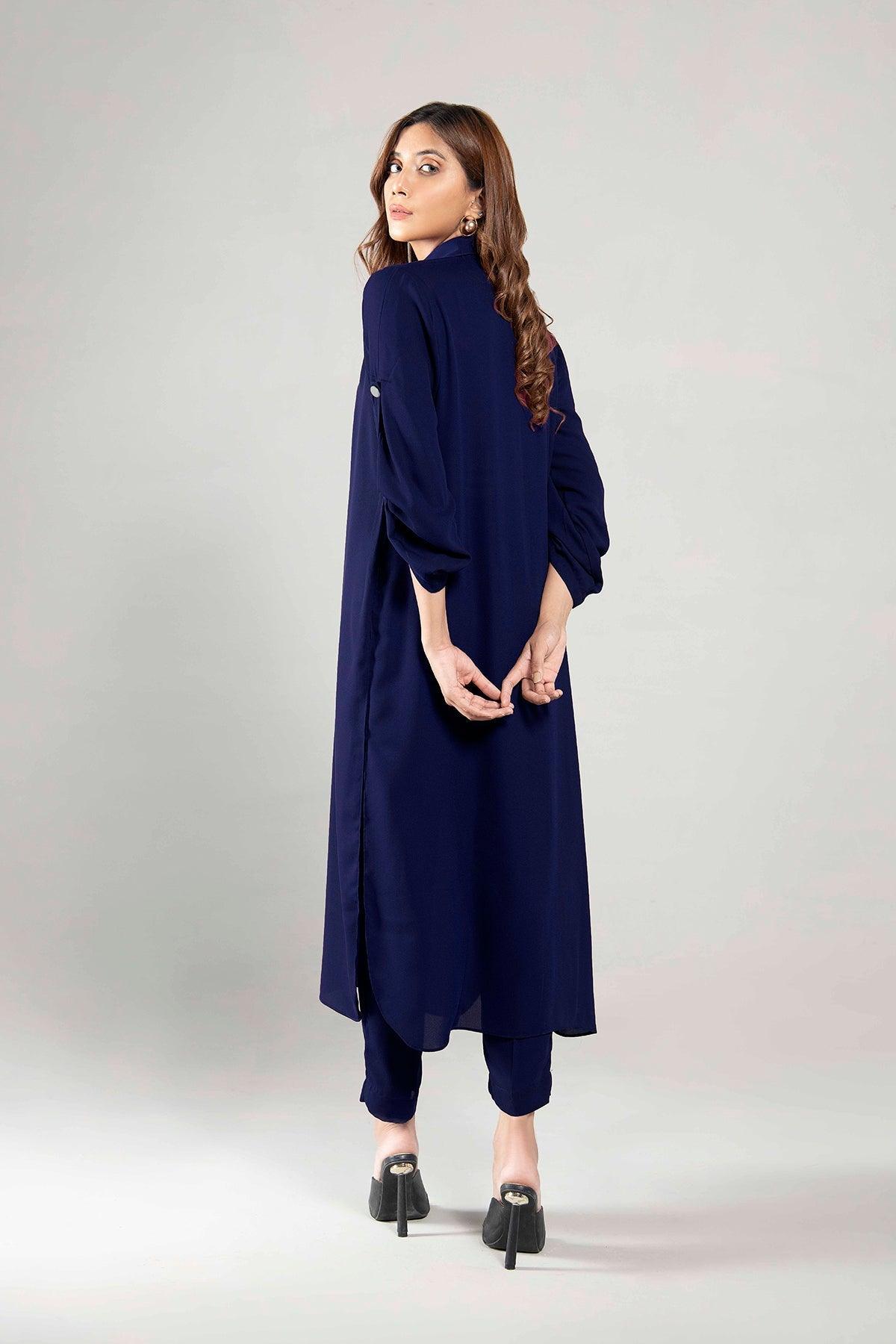 Navy Blue Buttoned Grip Dress - Peach Republic