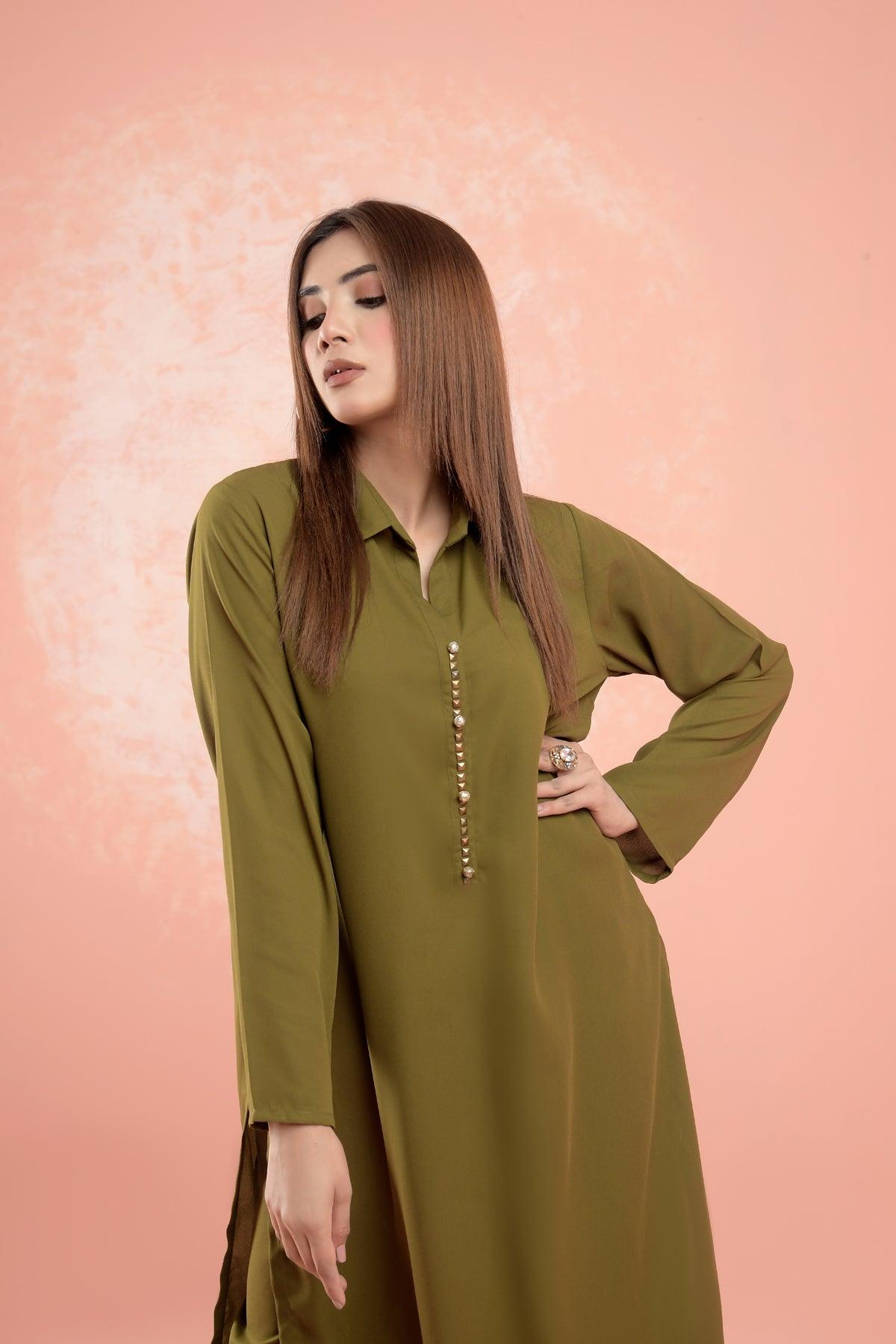 Olive Green Studded Crepe Dress - Peach Republic