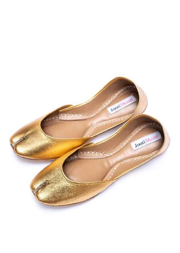 “Side view of Plain Gold Khussa shoes showing sleek leather design and comfortable fit for women”