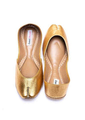 “Close-up of Plain Gold Khussa shoes highlighting gold leather texture and minimalistic style”