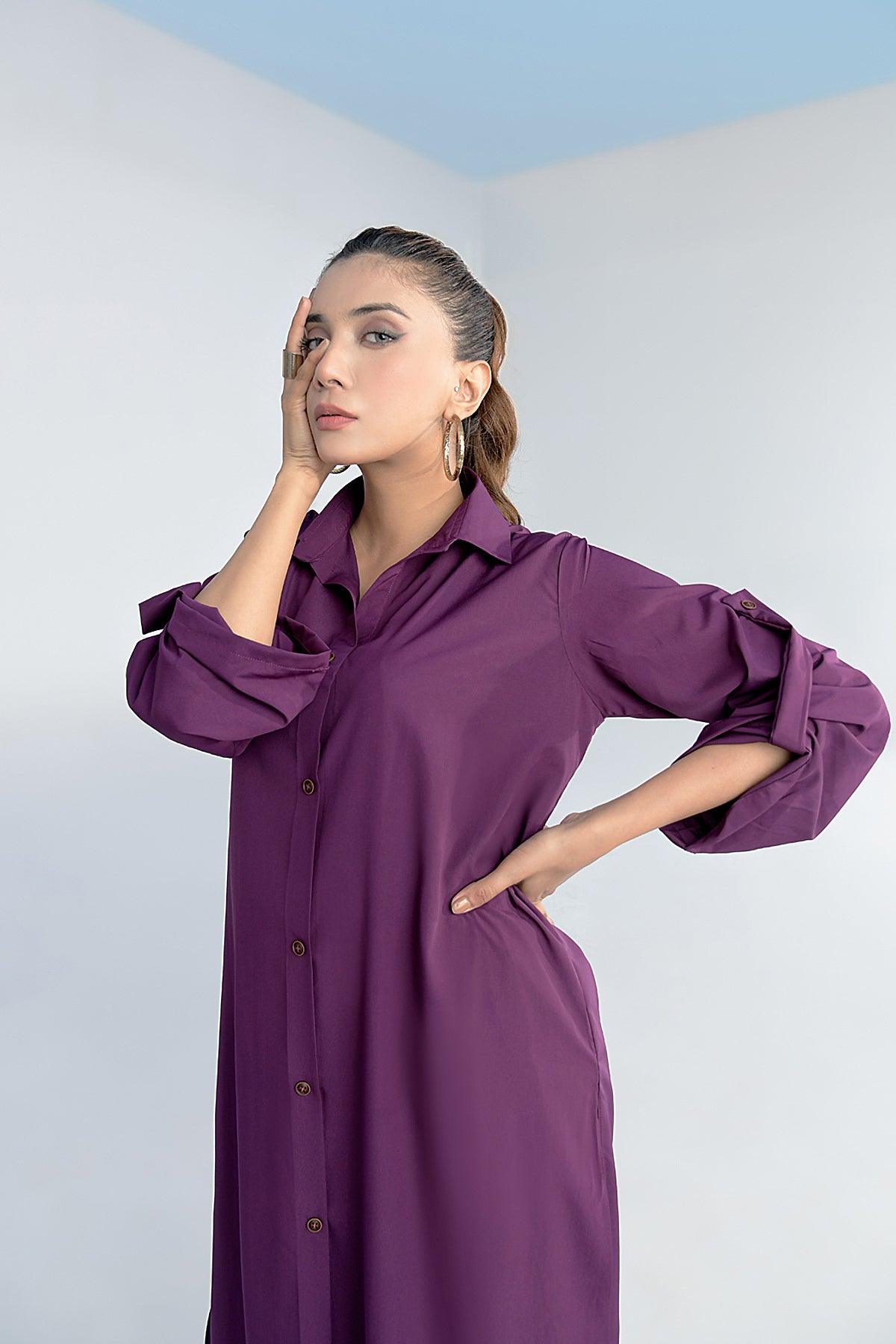 Purple Grip Button Down Dress - Peach Republic